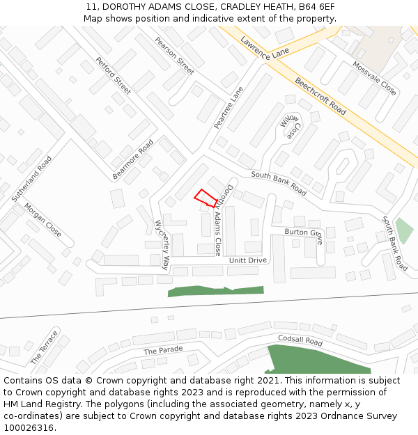 11, DOROTHY ADAMS CLOSE, CRADLEY HEATH, B64 6EF: Location map and indicative extent of plot