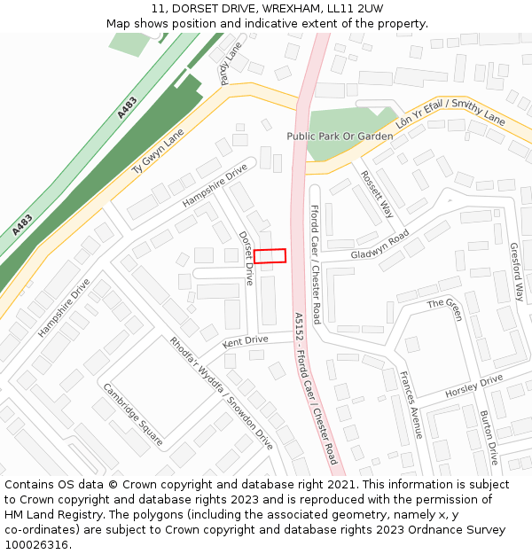 11, DORSET DRIVE, WREXHAM, LL11 2UW: Location map and indicative extent of plot