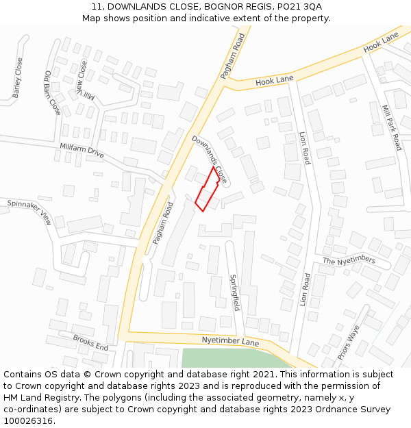 11, DOWNLANDS CLOSE, BOGNOR REGIS, PO21 3QA: Location map and indicative extent of plot