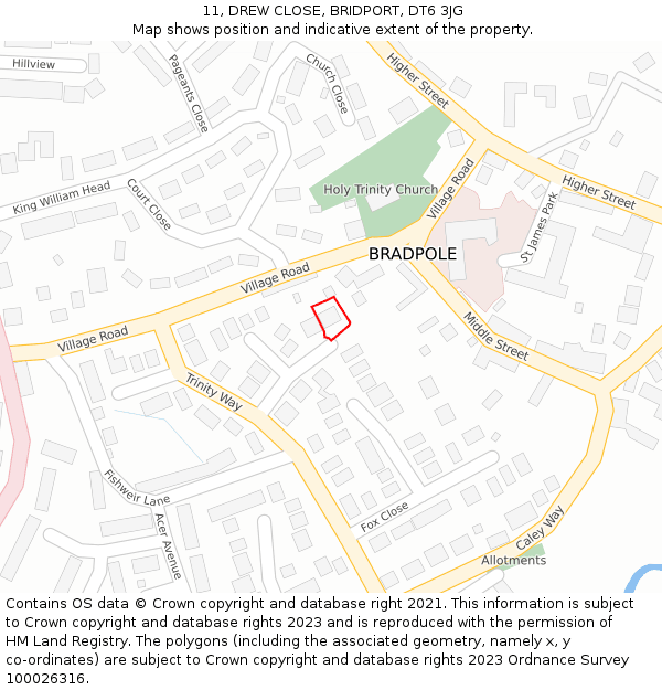 11, DREW CLOSE, BRIDPORT, DT6 3JG: Location map and indicative extent of plot