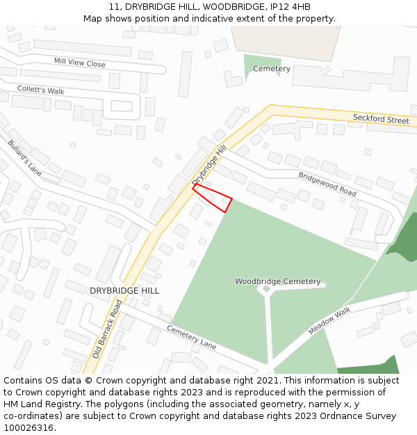 11, DRYBRIDGE HILL, WOODBRIDGE, IP12 4HB: Location map and indicative extent of plot