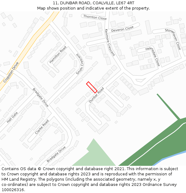 11, DUNBAR ROAD, COALVILLE, LE67 4RT: Location map and indicative extent of plot