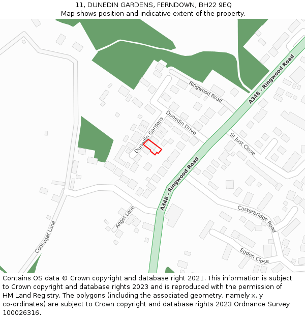 11, DUNEDIN GARDENS, FERNDOWN, BH22 9EQ: Location map and indicative extent of plot