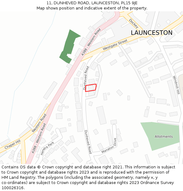 11, DUNHEVED ROAD, LAUNCESTON, PL15 9JE: Location map and indicative extent of plot