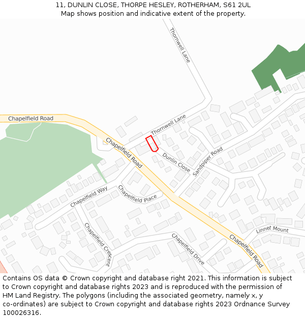 11, DUNLIN CLOSE, THORPE HESLEY, ROTHERHAM, S61 2UL: Location map and indicative extent of plot