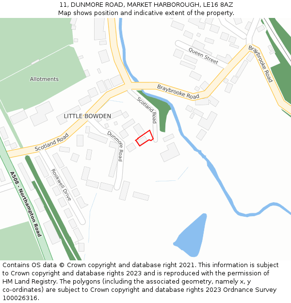 11, DUNMORE ROAD, MARKET HARBOROUGH, LE16 8AZ: Location map and indicative extent of plot