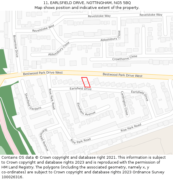11, EARLSFIELD DRIVE, NOTTINGHAM, NG5 5BQ: Location map and indicative extent of plot