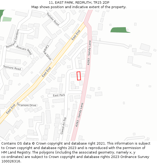 11, EAST PARK, REDRUTH, TR15 2DP: Location map and indicative extent of plot