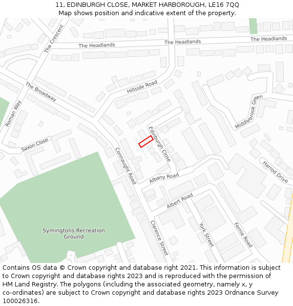11, EDINBURGH CLOSE, MARKET HARBOROUGH, LE16 7QQ: Location map and indicative extent of plot