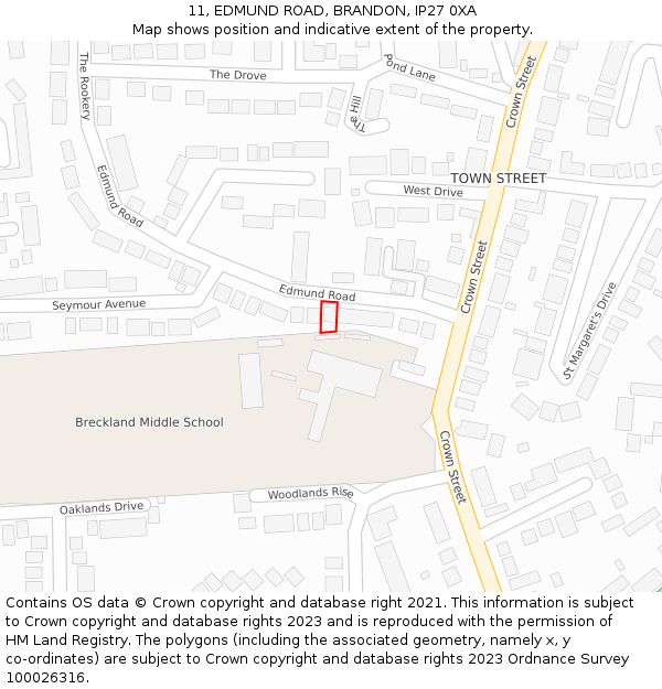 11, EDMUND ROAD, BRANDON, IP27 0XA: Location map and indicative extent of plot