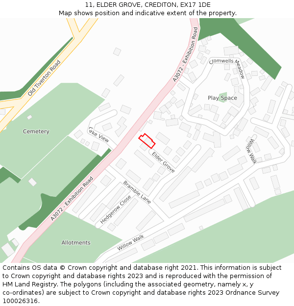 11, ELDER GROVE, CREDITON, EX17 1DE: Location map and indicative extent of plot