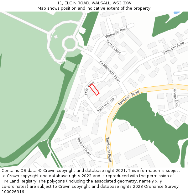 11, ELGIN ROAD, WALSALL, WS3 3XW: Location map and indicative extent of plot