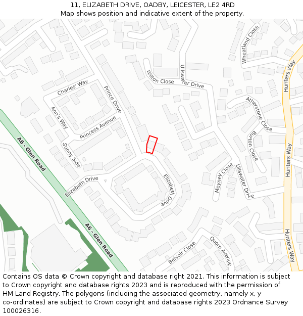 11, ELIZABETH DRIVE, OADBY, LEICESTER, LE2 4RD: Location map and indicative extent of plot