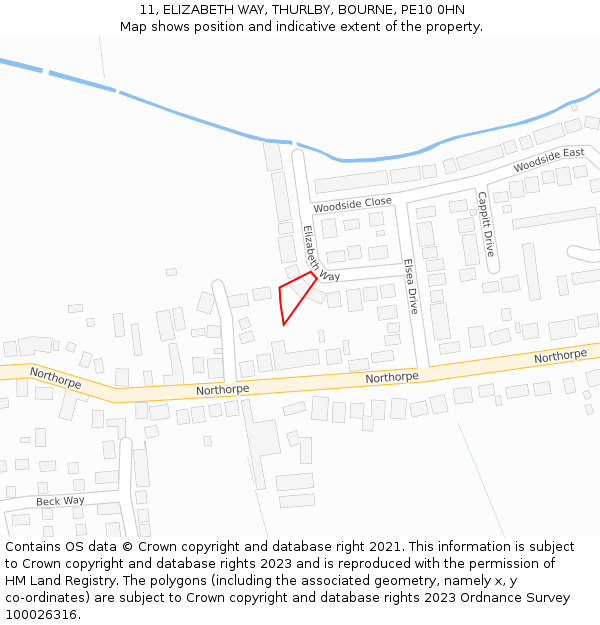 11, ELIZABETH WAY, THURLBY, BOURNE, PE10 0HN: Location map and indicative extent of plot