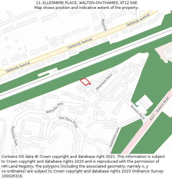 11, ELLESMERE PLACE, WALTON-ON-THAMES, KT12 5AE: Location map and indicative extent of plot