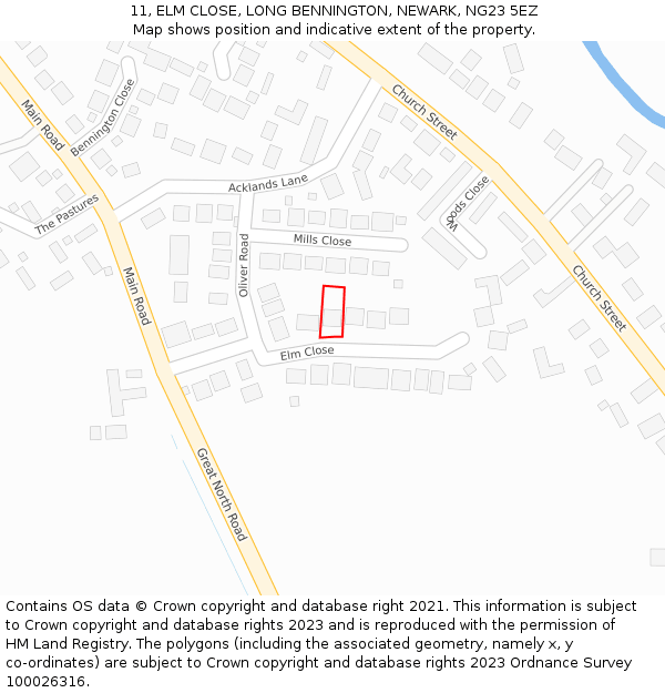 11, ELM CLOSE, LONG BENNINGTON, NEWARK, NG23 5EZ: Location map and indicative extent of plot