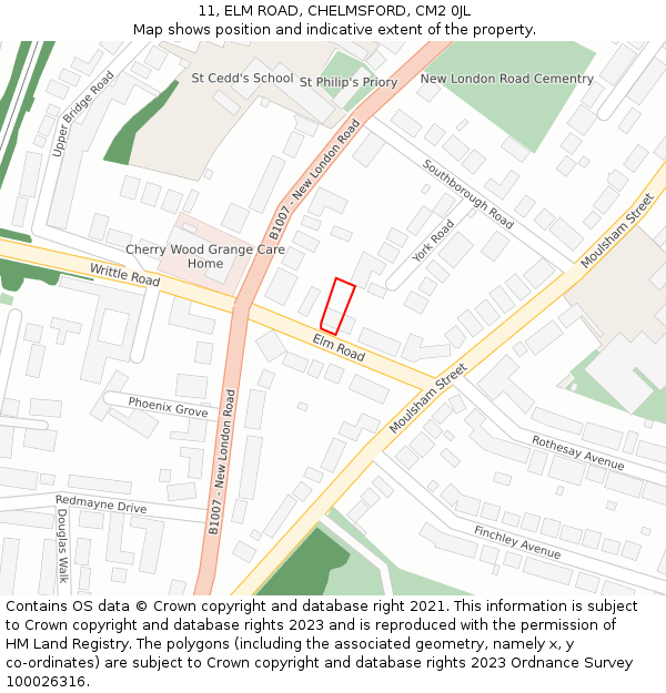 11, ELM ROAD, CHELMSFORD, CM2 0JL: Location map and indicative extent of plot