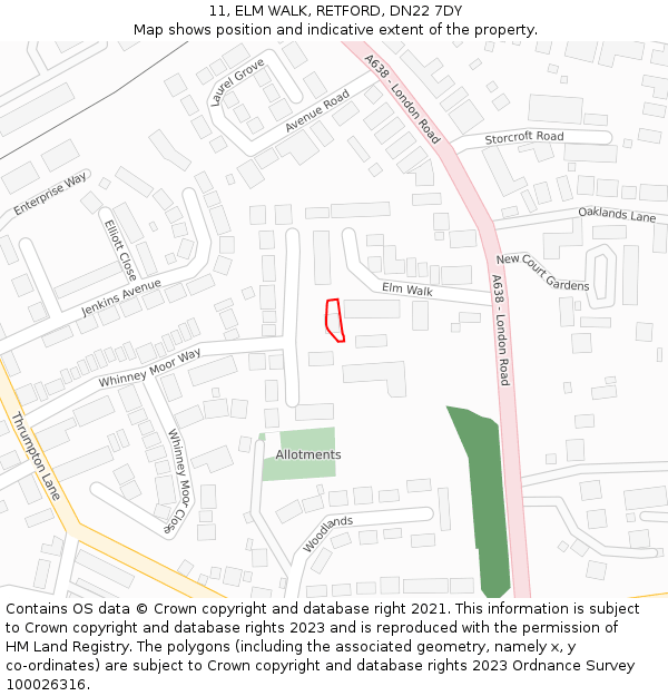 11, ELM WALK, RETFORD, DN22 7DY: Location map and indicative extent of plot