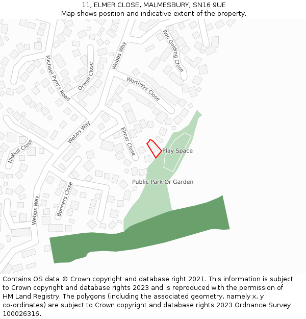 11, ELMER CLOSE, MALMESBURY, SN16 9UE: Location map and indicative extent of plot