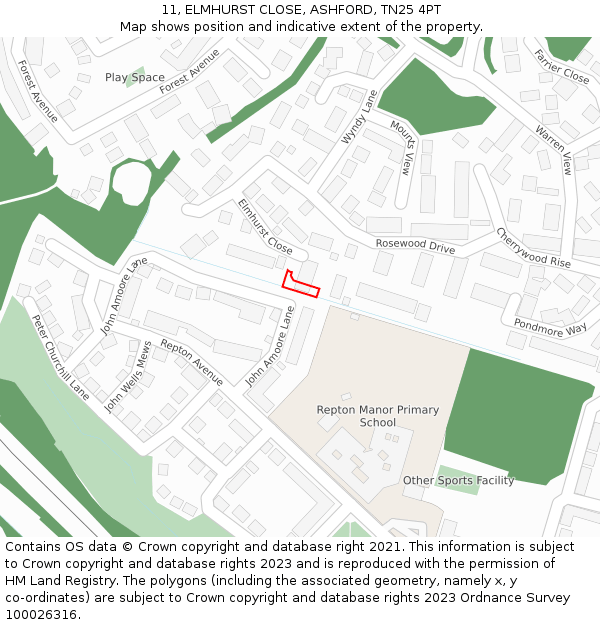 11, ELMHURST CLOSE, ASHFORD, TN25 4PT: Location map and indicative extent of plot