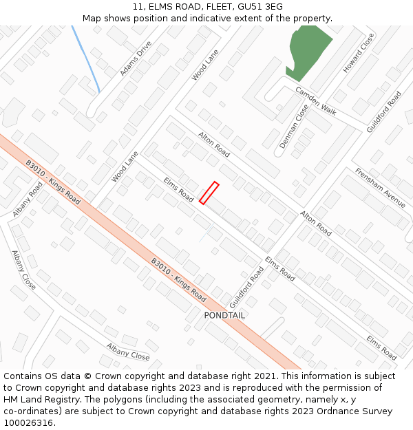 11, ELMS ROAD, FLEET, GU51 3EG: Location map and indicative extent of plot