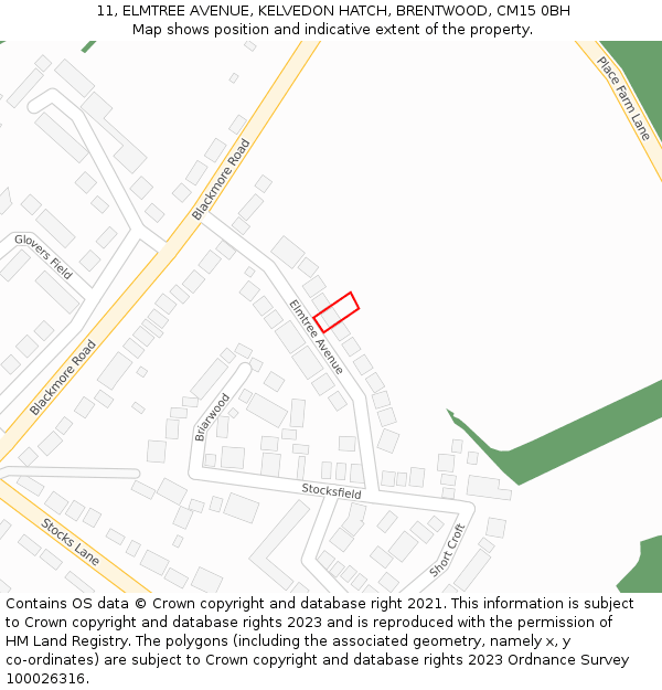 11, ELMTREE AVENUE, KELVEDON HATCH, BRENTWOOD, CM15 0BH: Location map and indicative extent of plot