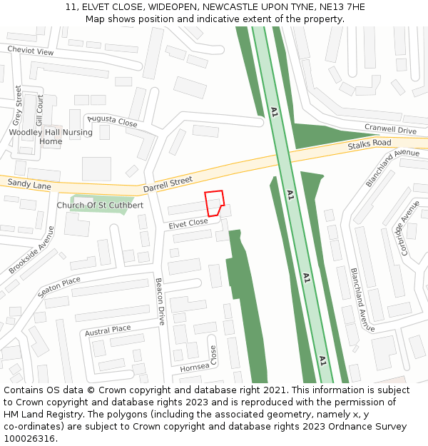 11, ELVET CLOSE, WIDEOPEN, NEWCASTLE UPON TYNE, NE13 7HE: Location map and indicative extent of plot