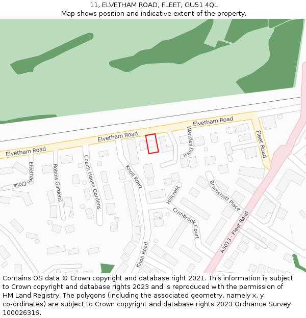 11, ELVETHAM ROAD, FLEET, GU51 4QL: Location map and indicative extent of plot