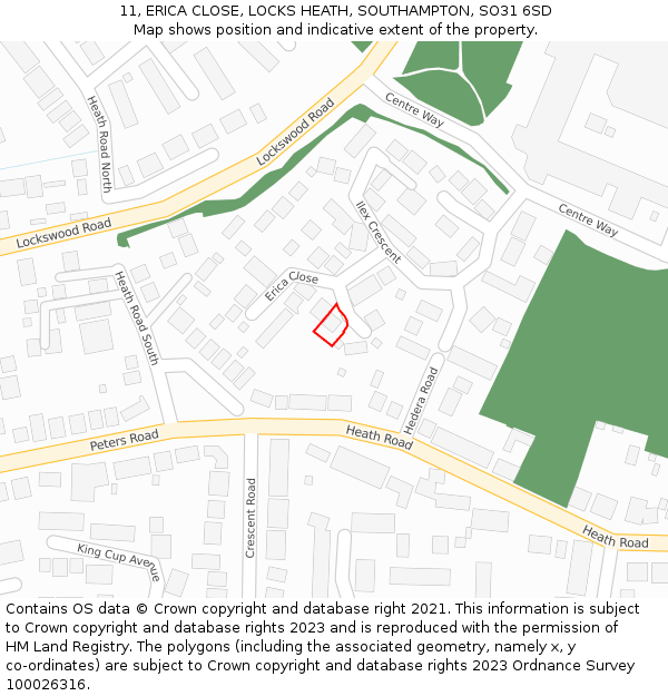 11, ERICA CLOSE, LOCKS HEATH, SOUTHAMPTON, SO31 6SD: Location map and indicative extent of plot