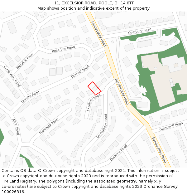 11, EXCELSIOR ROAD, POOLE, BH14 8TT: Location map and indicative extent of plot