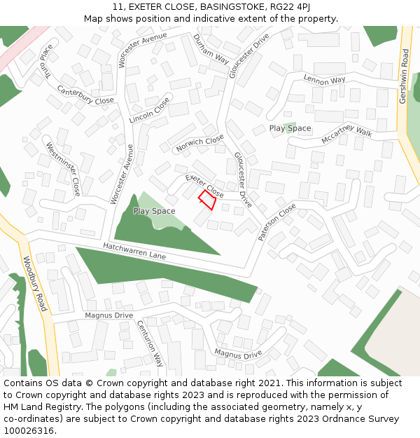 11, EXETER CLOSE, BASINGSTOKE, RG22 4PJ: Location map and indicative extent of plot