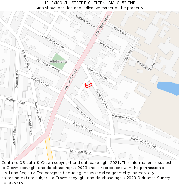 11, EXMOUTH STREET, CHELTENHAM, GL53 7NR: Location map and indicative extent of plot