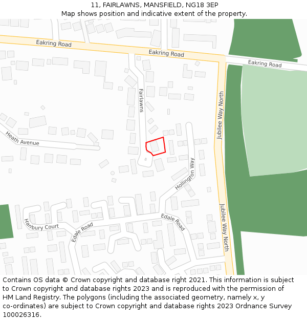 11, FAIRLAWNS, MANSFIELD, NG18 3EP: Location map and indicative extent of plot