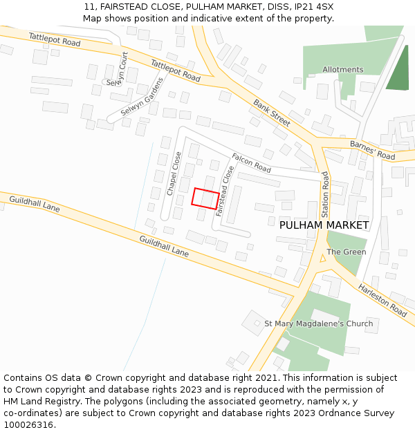 11, FAIRSTEAD CLOSE, PULHAM MARKET, DISS, IP21 4SX: Location map and indicative extent of plot