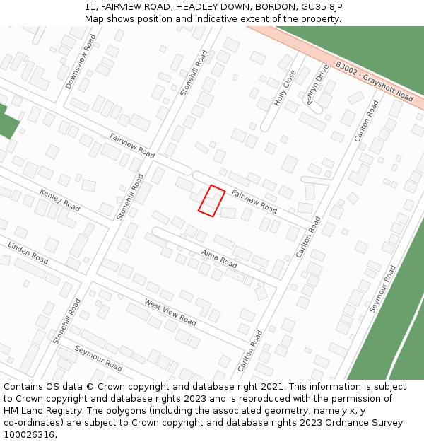 11, FAIRVIEW ROAD, HEADLEY DOWN, BORDON, GU35 8JP: Location map and indicative extent of plot