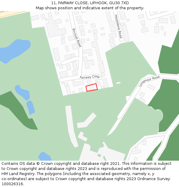 11, FAIRWAY CLOSE, LIPHOOK, GU30 7XD: Location map and indicative extent of plot