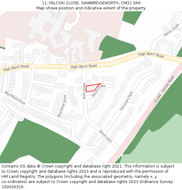 11, FALCON CLOSE, SAWBRIDGEWORTH, CM21 0AX: Location map and indicative extent of plot