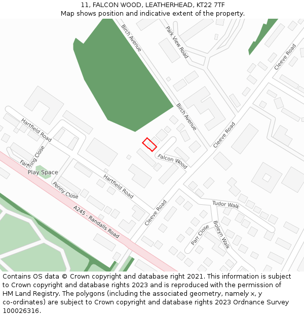 11, FALCON WOOD, LEATHERHEAD, KT22 7TF: Location map and indicative extent of plot