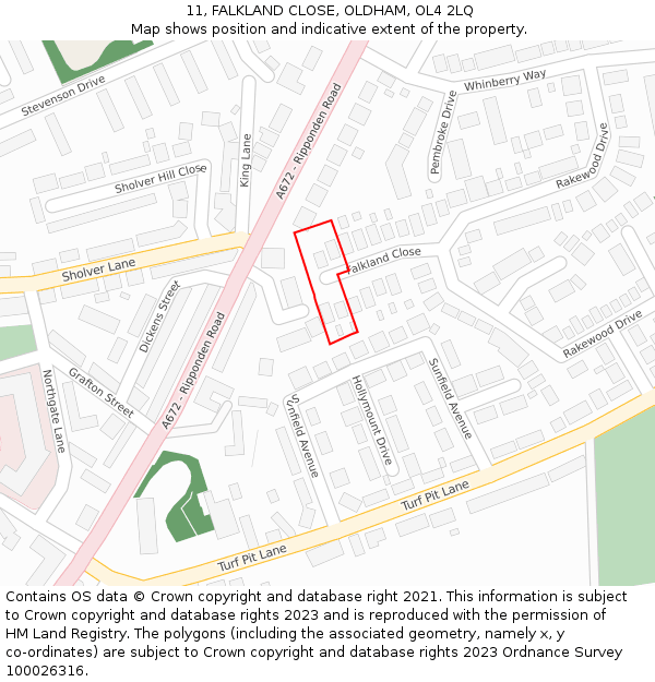 11, FALKLAND CLOSE, OLDHAM, OL4 2LQ: Location map and indicative extent of plot