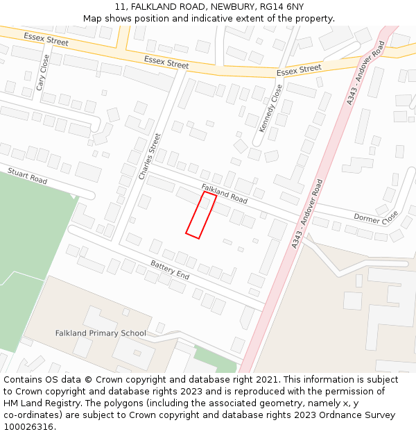 11, FALKLAND ROAD, NEWBURY, RG14 6NY: Location map and indicative extent of plot