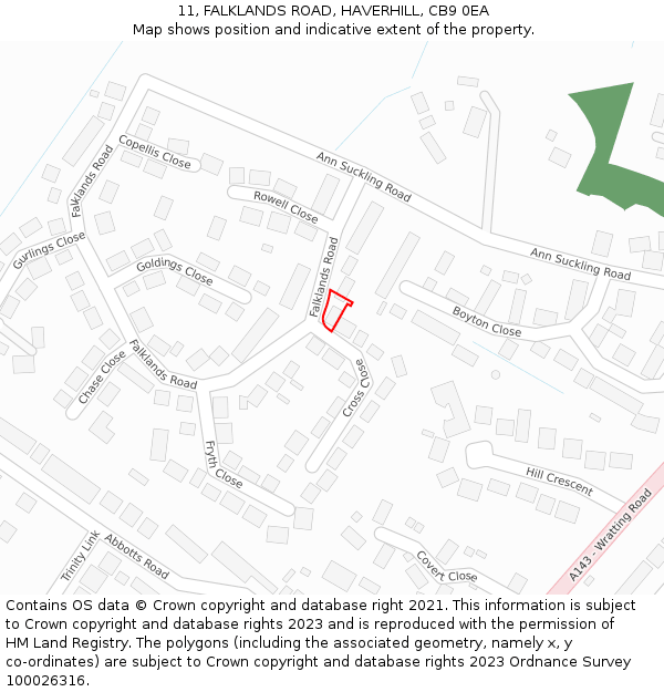 11, FALKLANDS ROAD, HAVERHILL, CB9 0EA: Location map and indicative extent of plot