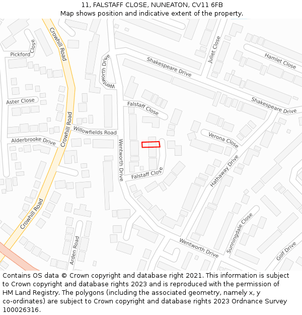 11, FALSTAFF CLOSE, NUNEATON, CV11 6FB: Location map and indicative extent of plot