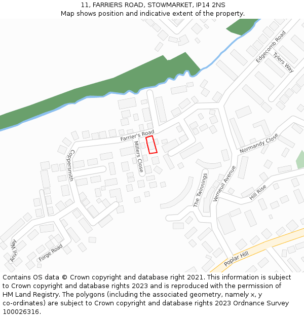 11, FARRIERS ROAD, STOWMARKET, IP14 2NS: Location map and indicative extent of plot