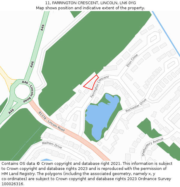 11, FARRINGTON CRESCENT, LINCOLN, LN6 0YG: Location map and indicative extent of plot