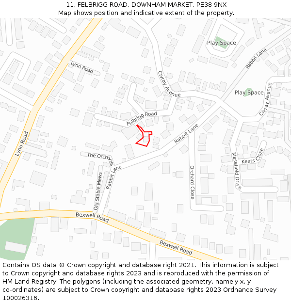 11, FELBRIGG ROAD, DOWNHAM MARKET, PE38 9NX: Location map and indicative extent of plot