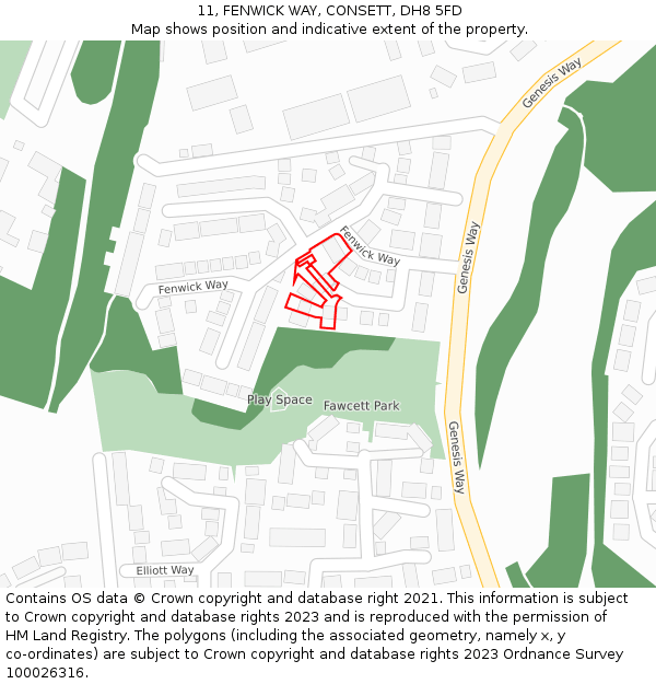 11, FENWICK WAY, CONSETT, DH8 5FD: Location map and indicative extent of plot