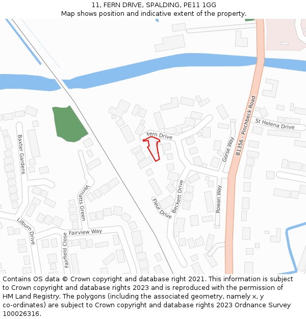 11, FERN DRIVE, SPALDING, PE11 1GG: Location map and indicative extent of plot