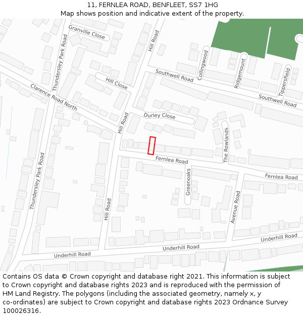 11, FERNLEA ROAD, BENFLEET, SS7 1HG: Location map and indicative extent of plot