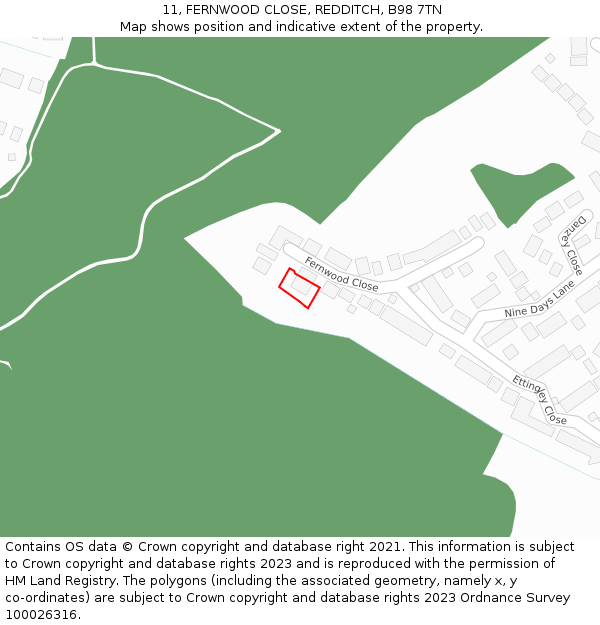 11, FERNWOOD CLOSE, REDDITCH, B98 7TN: Location map and indicative extent of plot