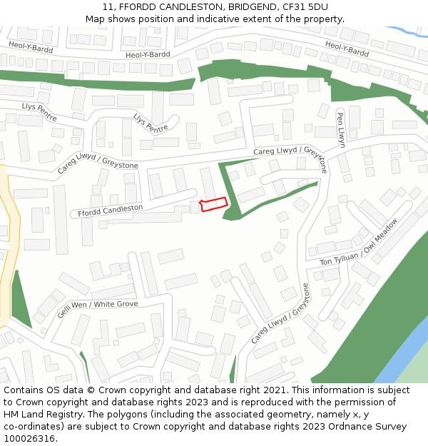 11, FFORDD CANDLESTON, BRIDGEND, CF31 5DU: Location map and indicative extent of plot